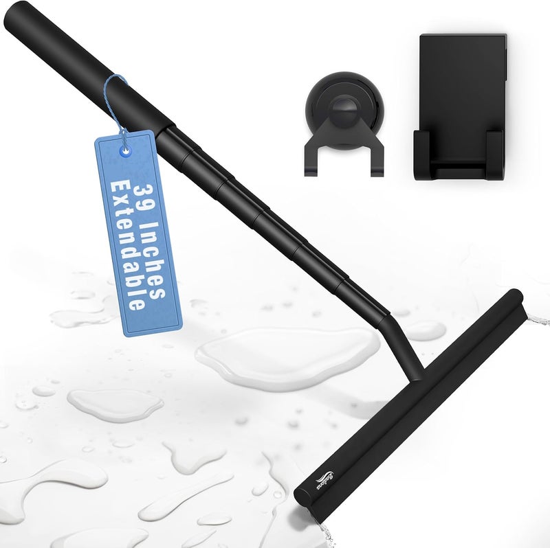 BADIONA Telescopic Shower Squeegee Black - With Suction Hook & up to 100 cm I Shower squeegee for glass doors Cleaner squiggy for tile and walls Bathroom squeeze for door Long handle sweep & squeegees - Image 1